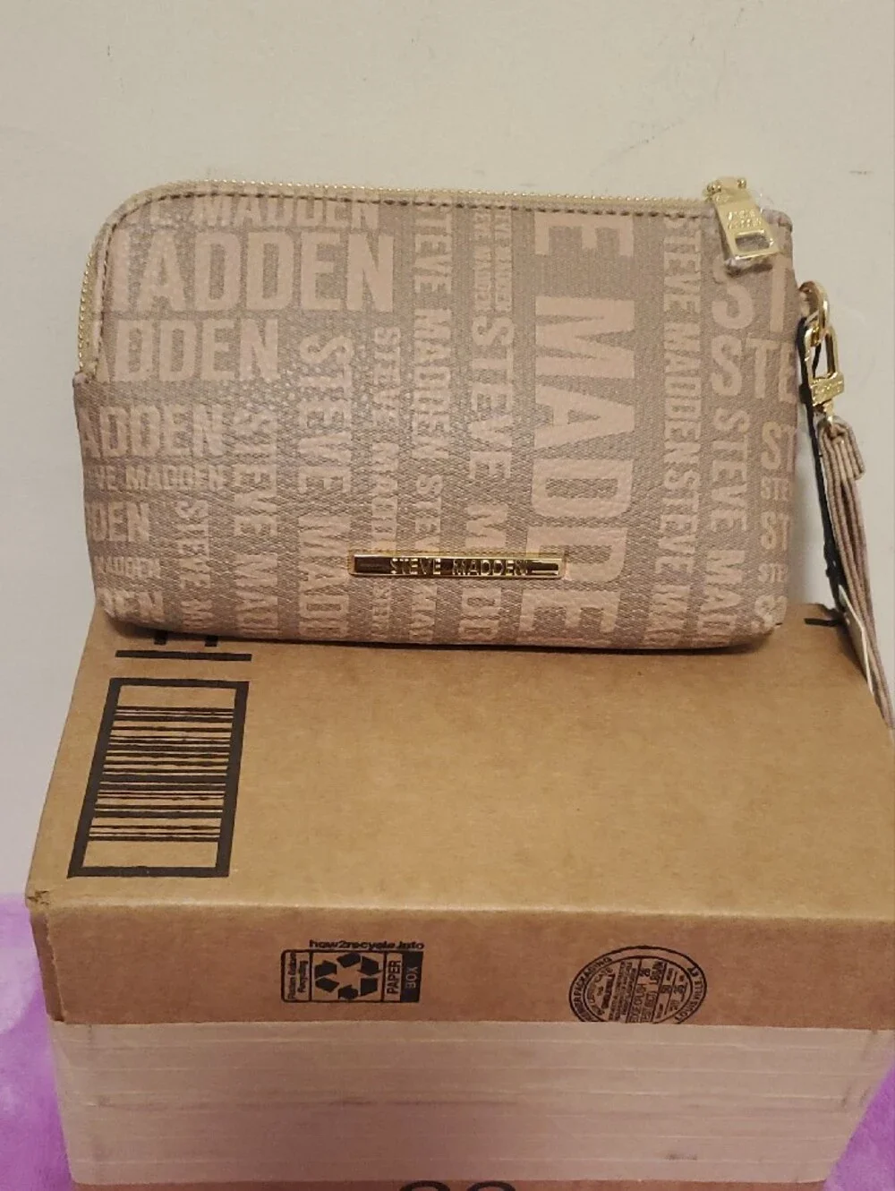 Steve Madden Sand Logo Wristlet with Gold Accents